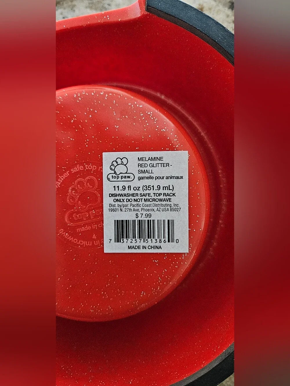 NWT Top Paw Red Glitter Melamine Dog Pet Bowl Small 11.9oz